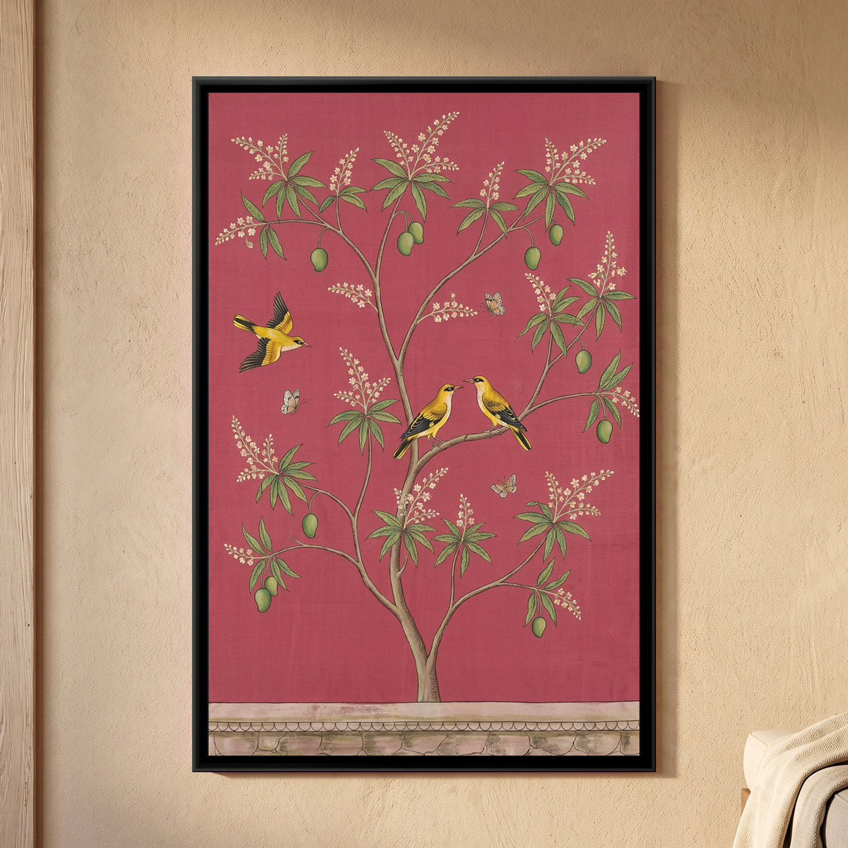 Golden Orioles in a Mango Tree on Deep Rose Silk - framed canvas art hung on a wall