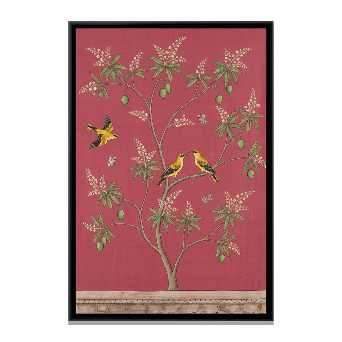 Golden Orioles in a Mango Tree on Deep Rose Silk - framed canvas print, front view