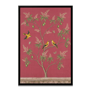 View 2 of Golden Orioles in a Mango Tree on Deep Rose Silk