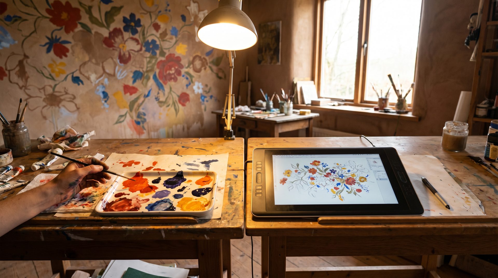 Two workbenches under one lamp — a wet pigment tray beside a glowing tablet, both showing the same mural sketch