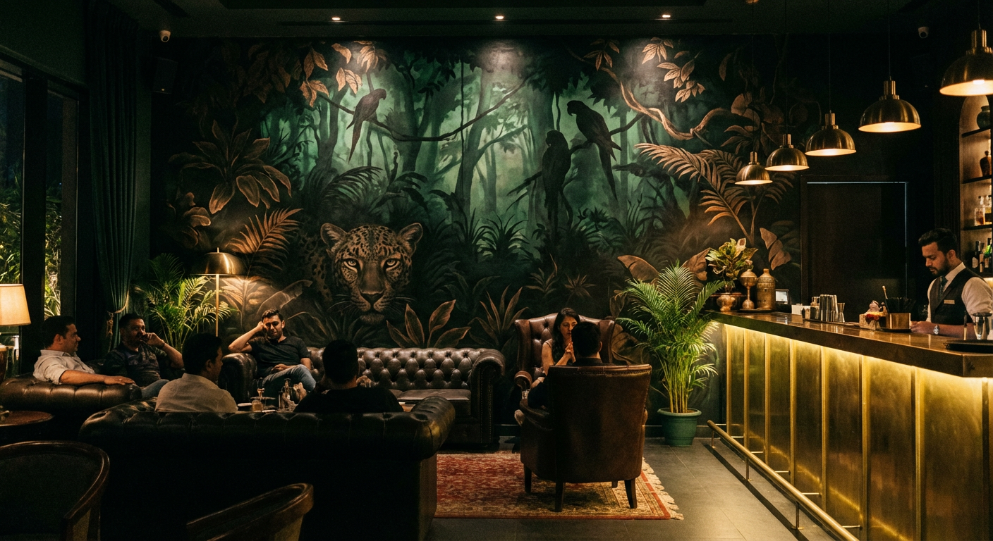 Jungle noir mural in upscale bar