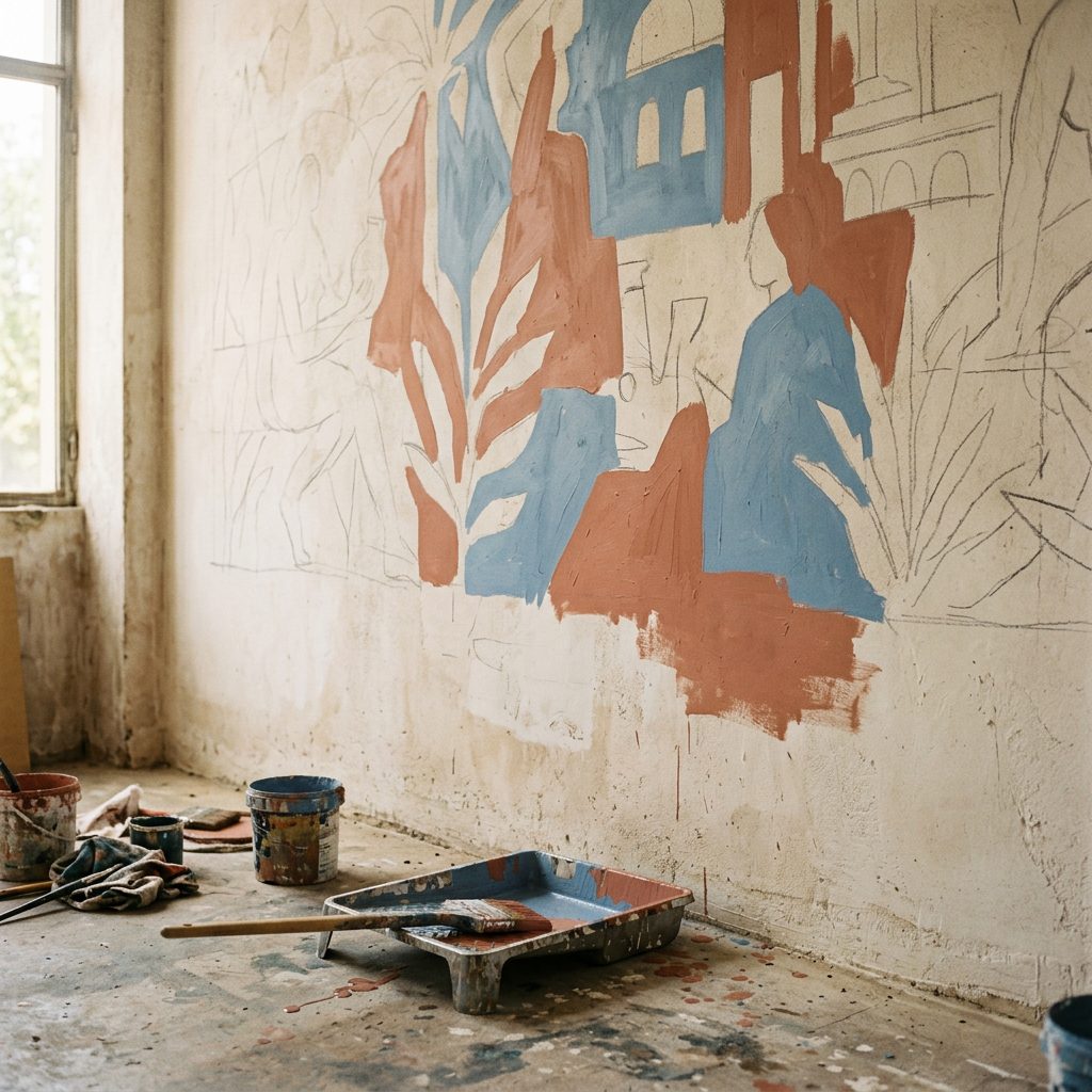 Flat blocks of underpaint establishing the mural's main shapes
