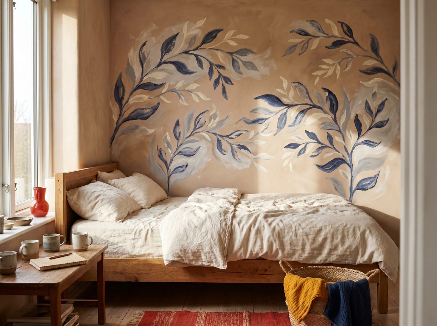 Indigo botanical mural wrapping the headboard wall of a bedroom