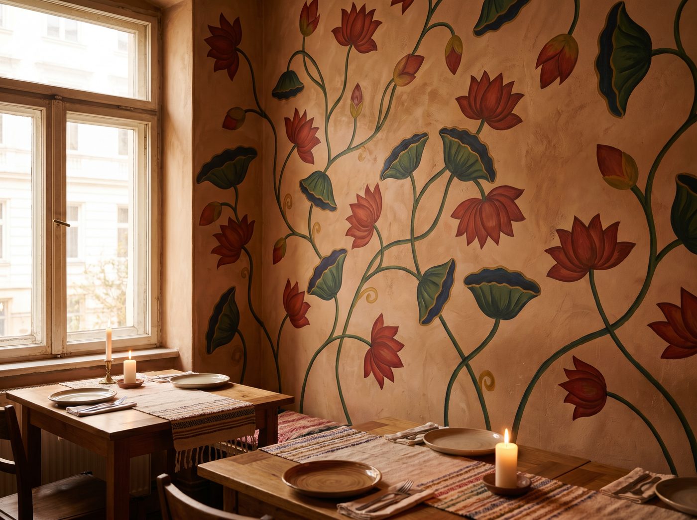 Pichwai-style lotus mural glowing behind candle-lit tables in a restaurant